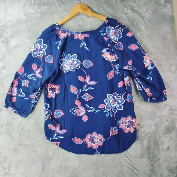 StJohns Bay Womens L Floral Navy Summer 34 Sleeve Boho Casual Lightweight Top - Picture 7 of 9